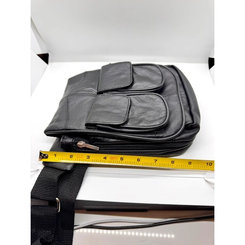 Black Leather Crossbody Sling Bag‎ Multi Pocket Utility Messenger Travel Bag